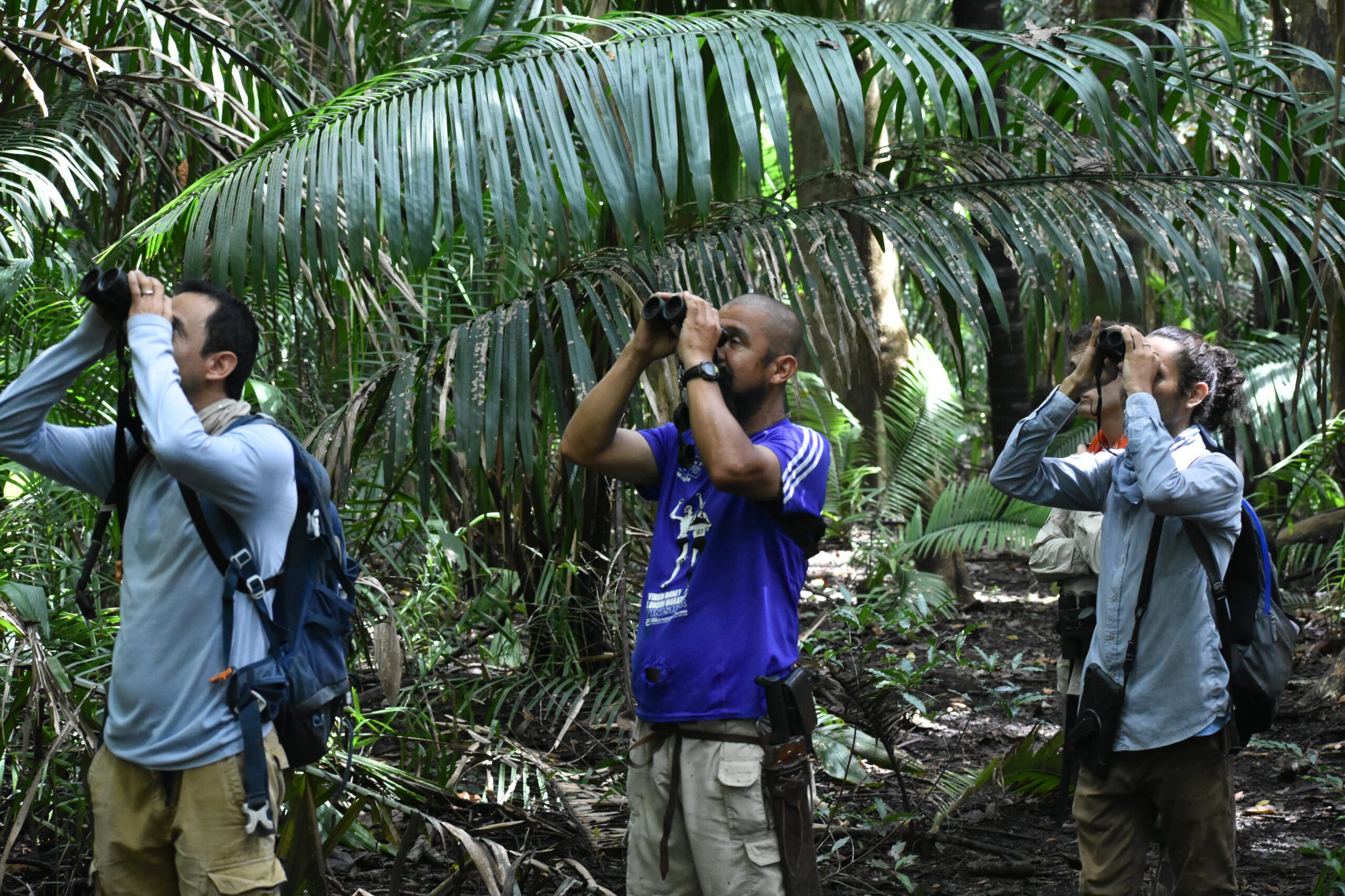 Photo of team members looking through binoculars